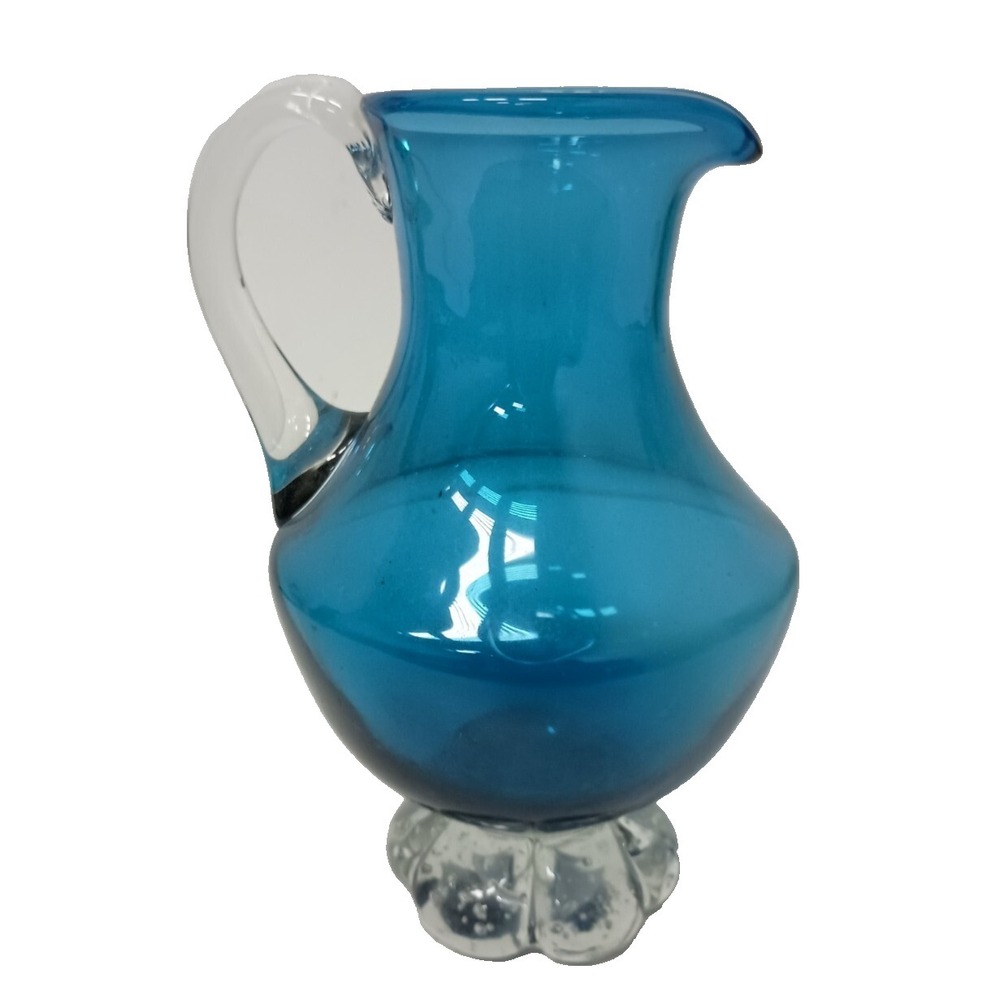 Vintage‎ Zwiesel Hand Blown Art Glass Blue Pitcher With Decorative Base MCM
